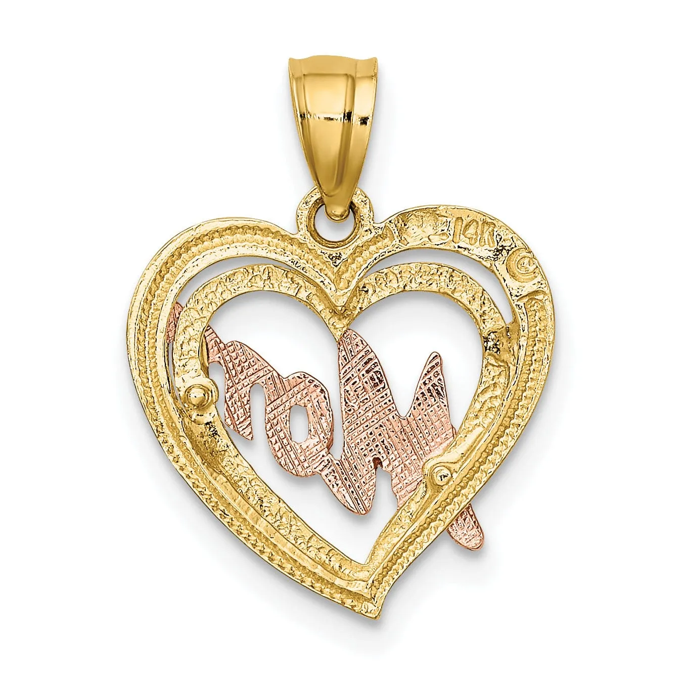 14k Two-Tone Gold Polished Textured Finish MOM in Double Heart Shape Design Charm Pendant