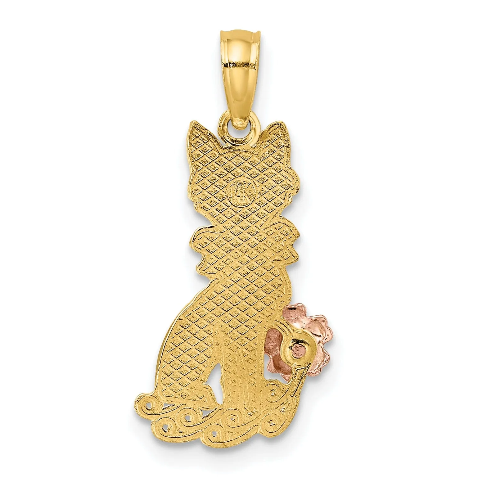 14k Two-Tone Gold Textured Polished Finish Sitting Cat with Bow and Flower Design Charm Pendant