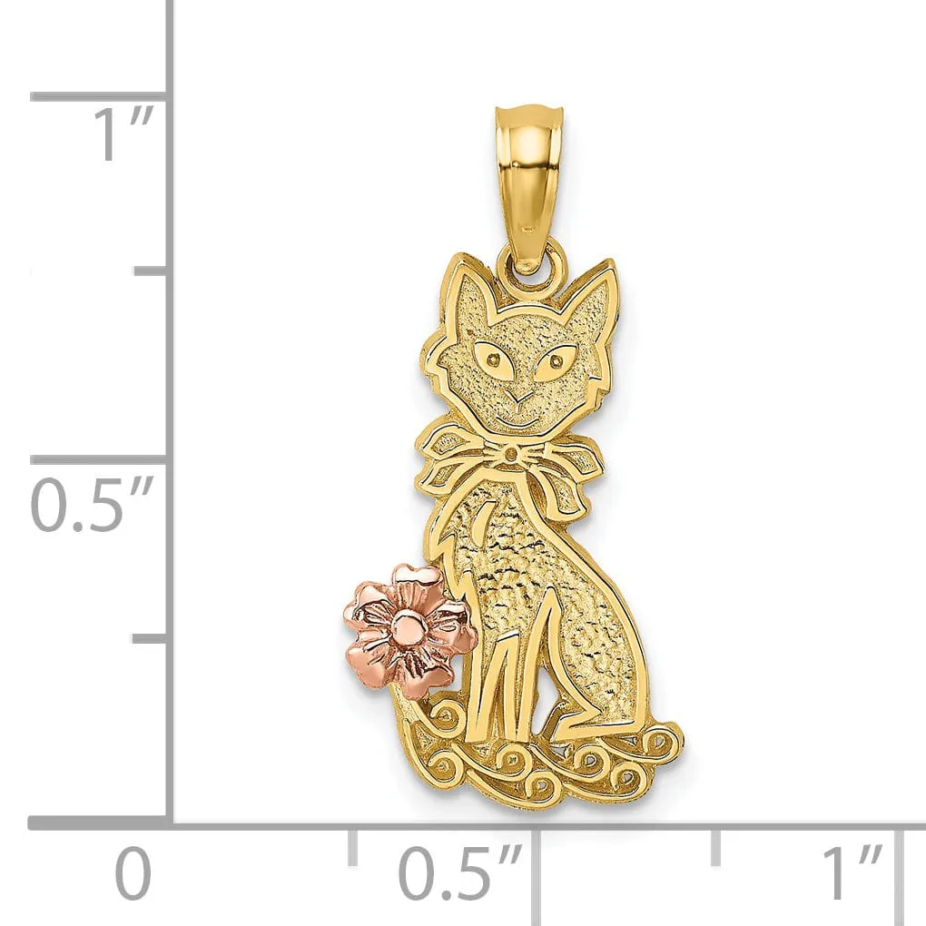 14k Two-Tone Gold Textured Polished Finish Sitting Cat with Bow and Flower Design Charm Pendant