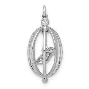 14k White Gold Polished Finish Open Back 0.032CT Diamond 3-Dimensional Bird in Cage Design Charm Pendant