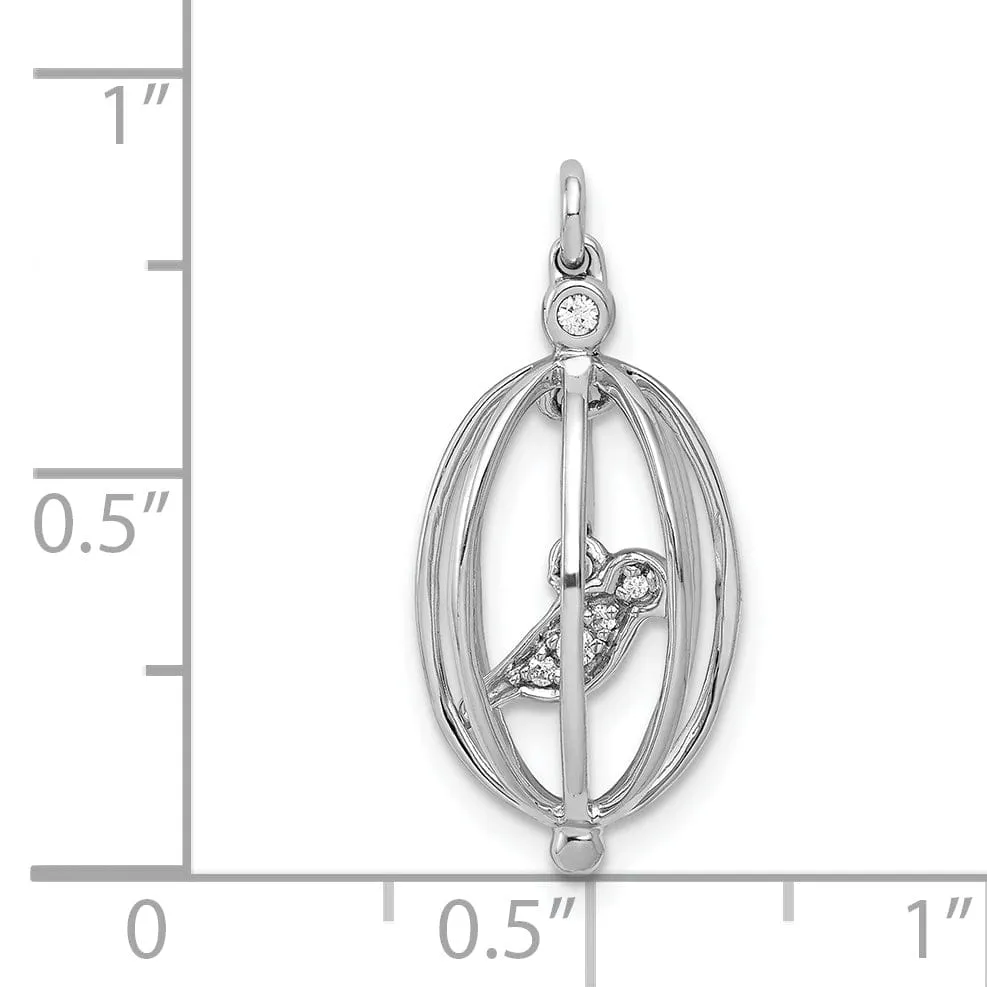 14k White Gold Polished Finish Open Back 0.032CT Diamond 3-Dimensional Bird in Cage Design Charm Pendant