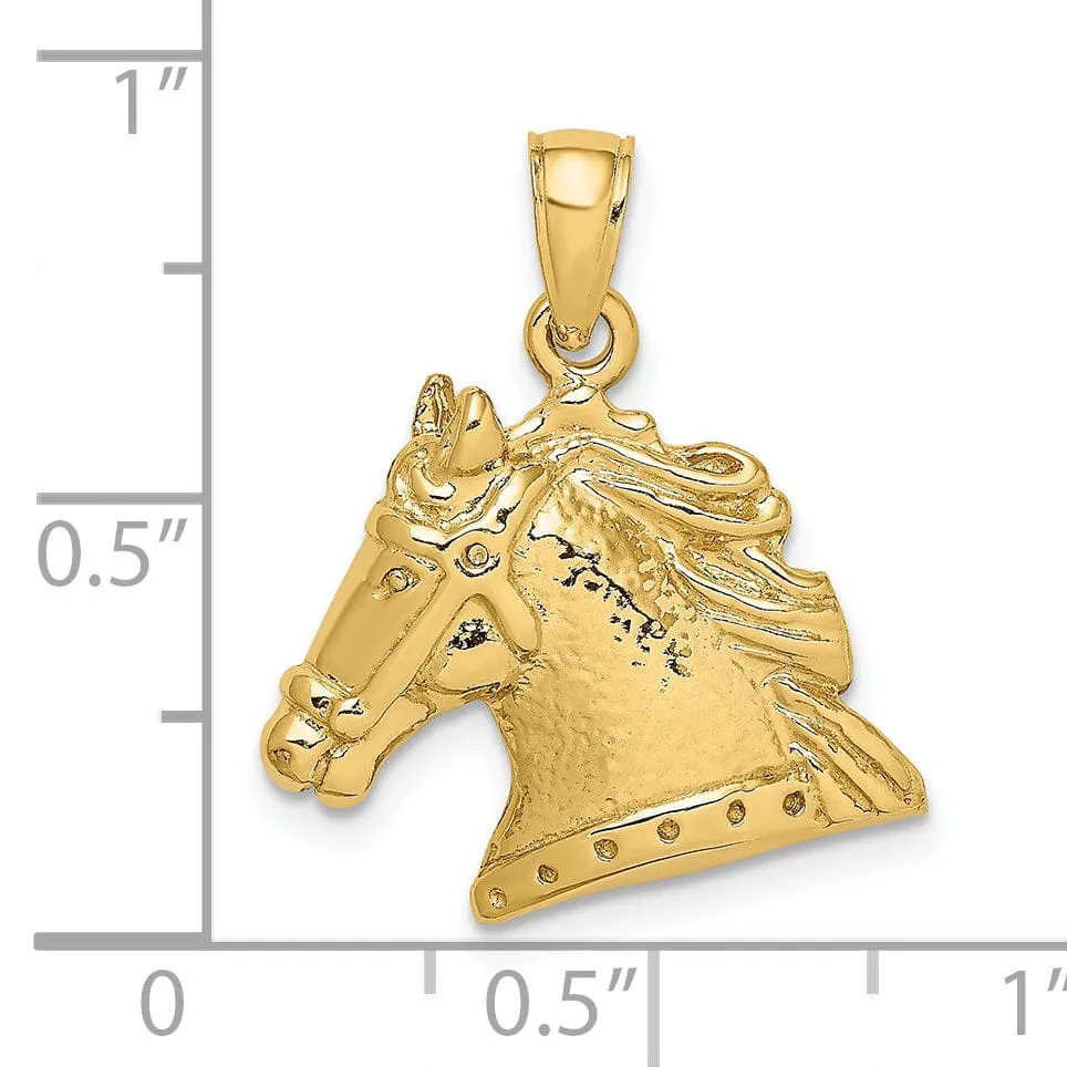 14K Yellow Gold Open Back Texture Polished Finish Horse Head Charm Pendant