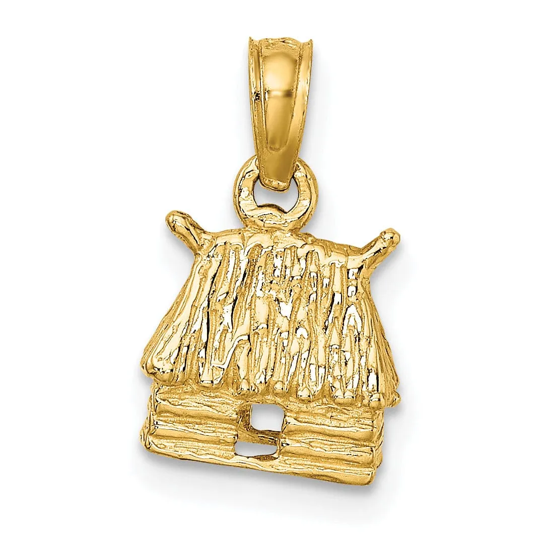 14K Yellow Gold Polished Finish 3-Dimensional Bungalow Island Hut Charm Pendant