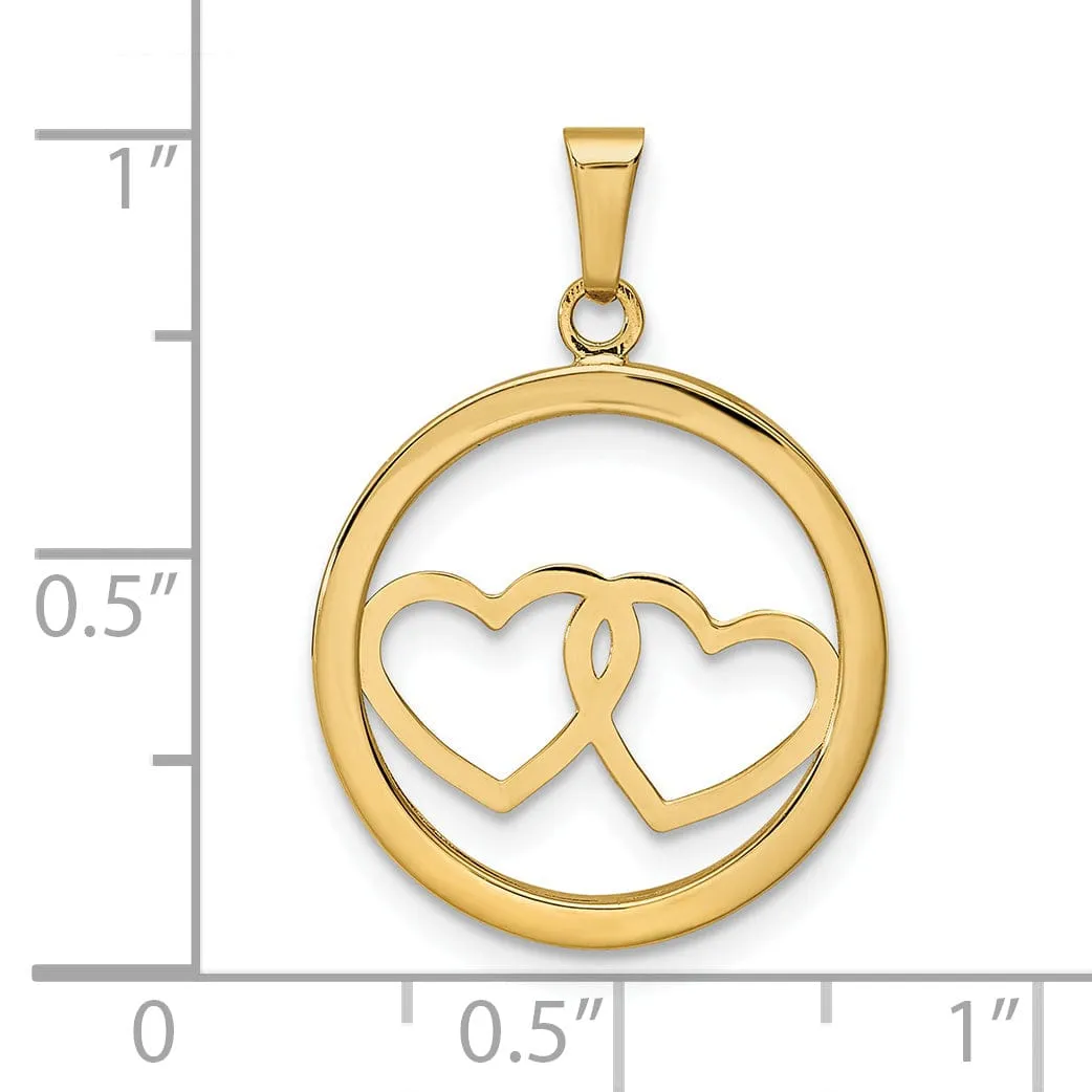 14K Yellow Gold Polished Finish3-Dimensional Double Heart in Circle Design Charm Pendant