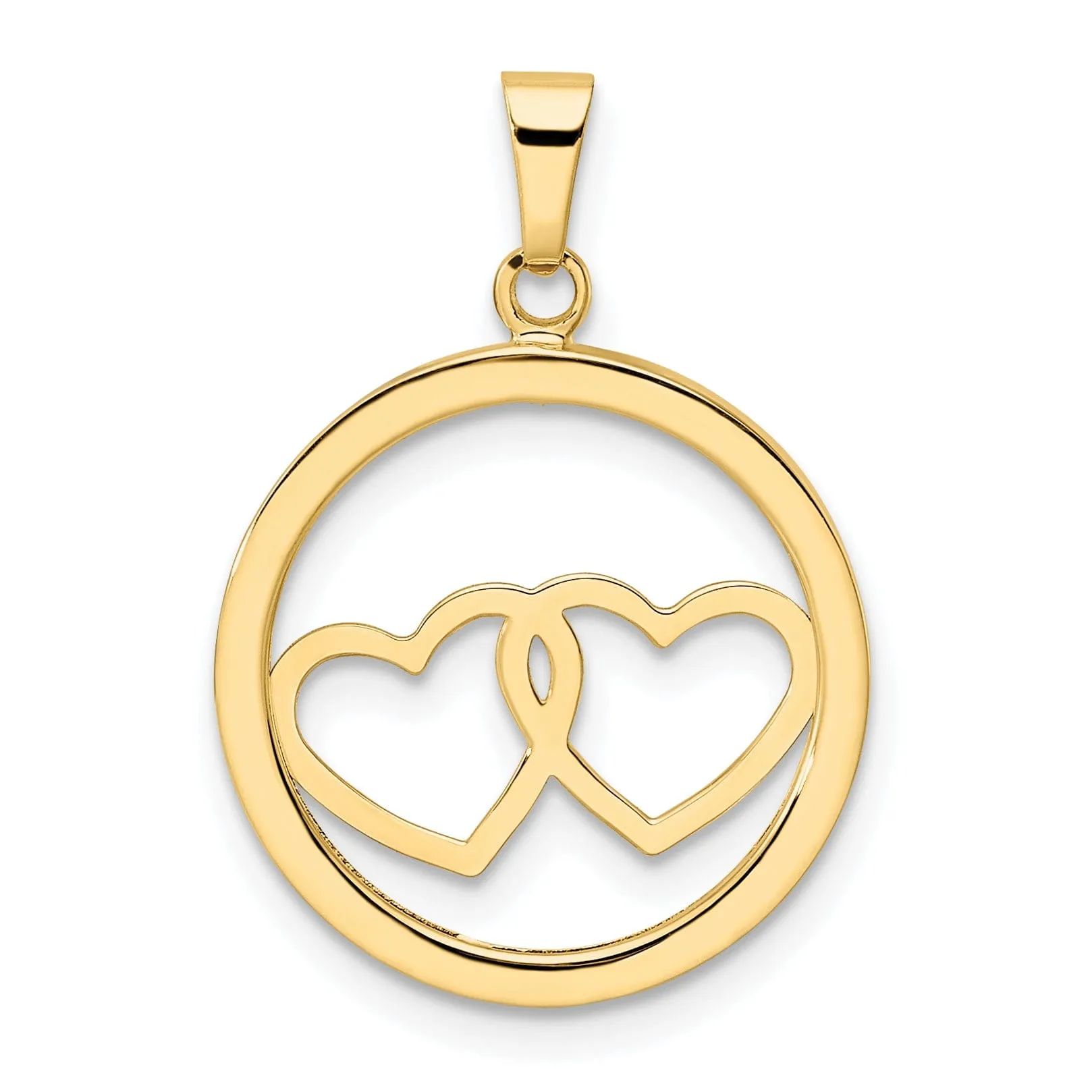 14K Yellow Gold Polished Finish3-Dimensional Double Heart in Circle Design Charm Pendant