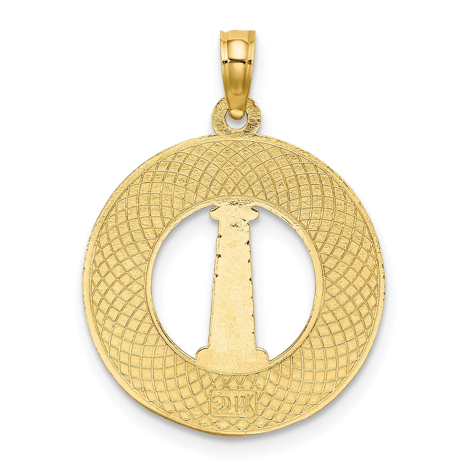 14K Yellow Gold Polished Textured Finish CAPE COD Lighthouse in Circle Design Charm Pendant