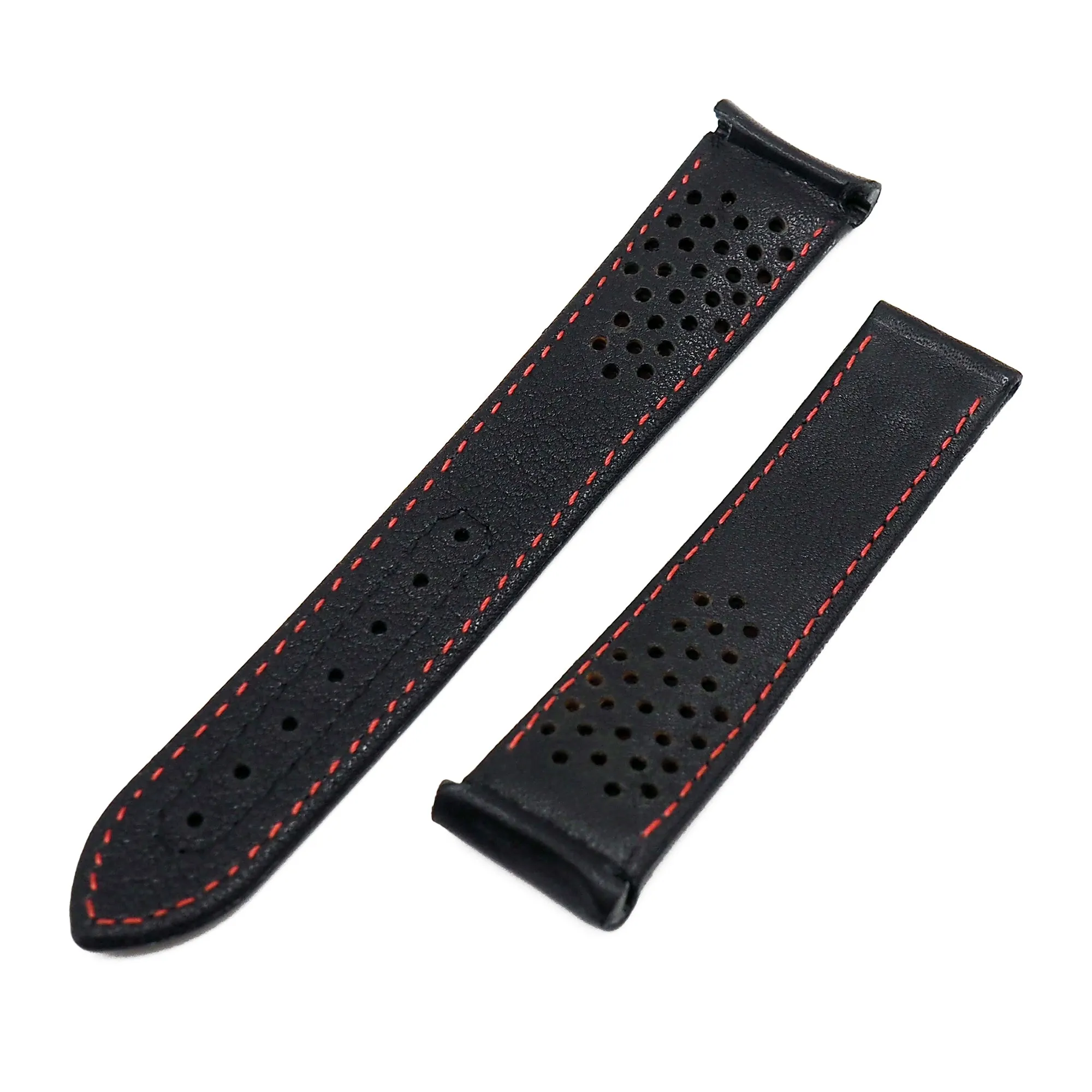 21mm Racing Style Curved End Black Calf Leather Watch Strap For Omega, Black Stitching