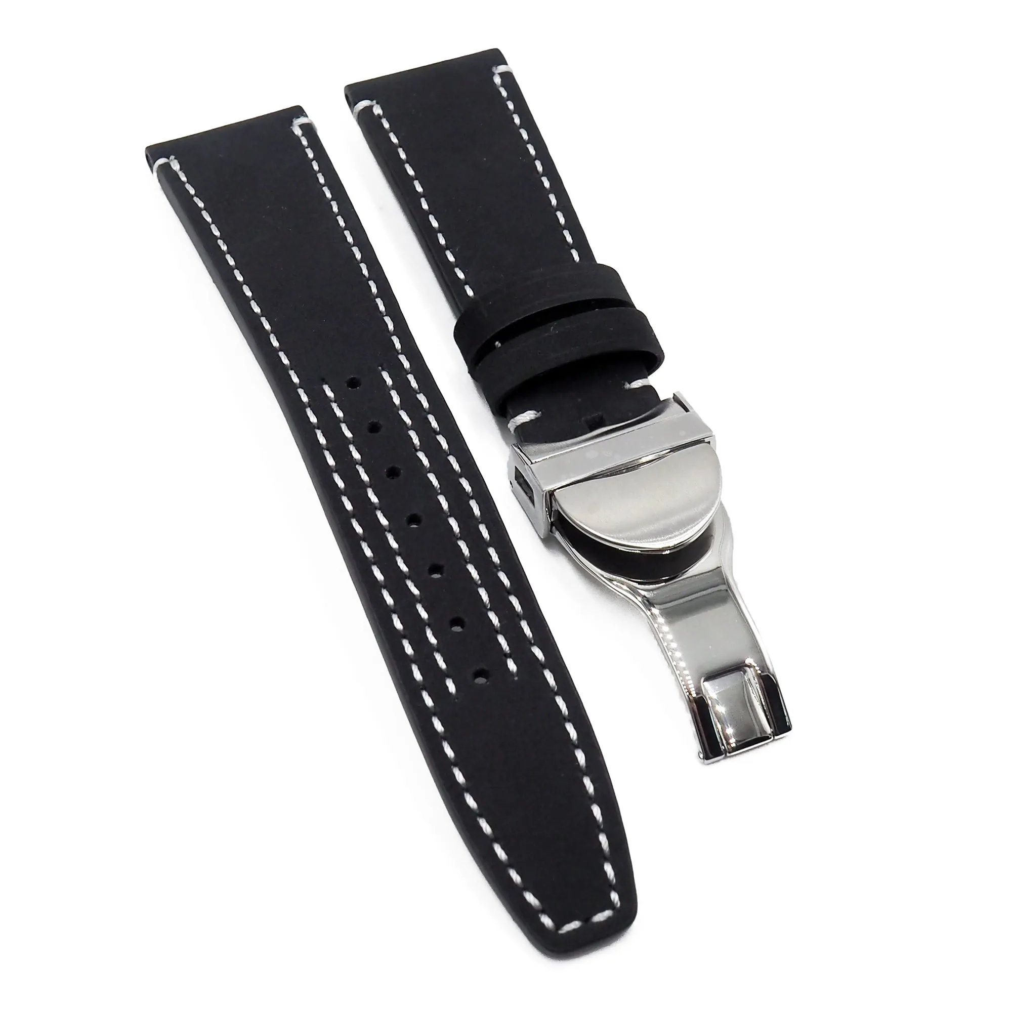 22mm Black Matte Calf Leather Bund Watch Strap For Tudor Black Bay