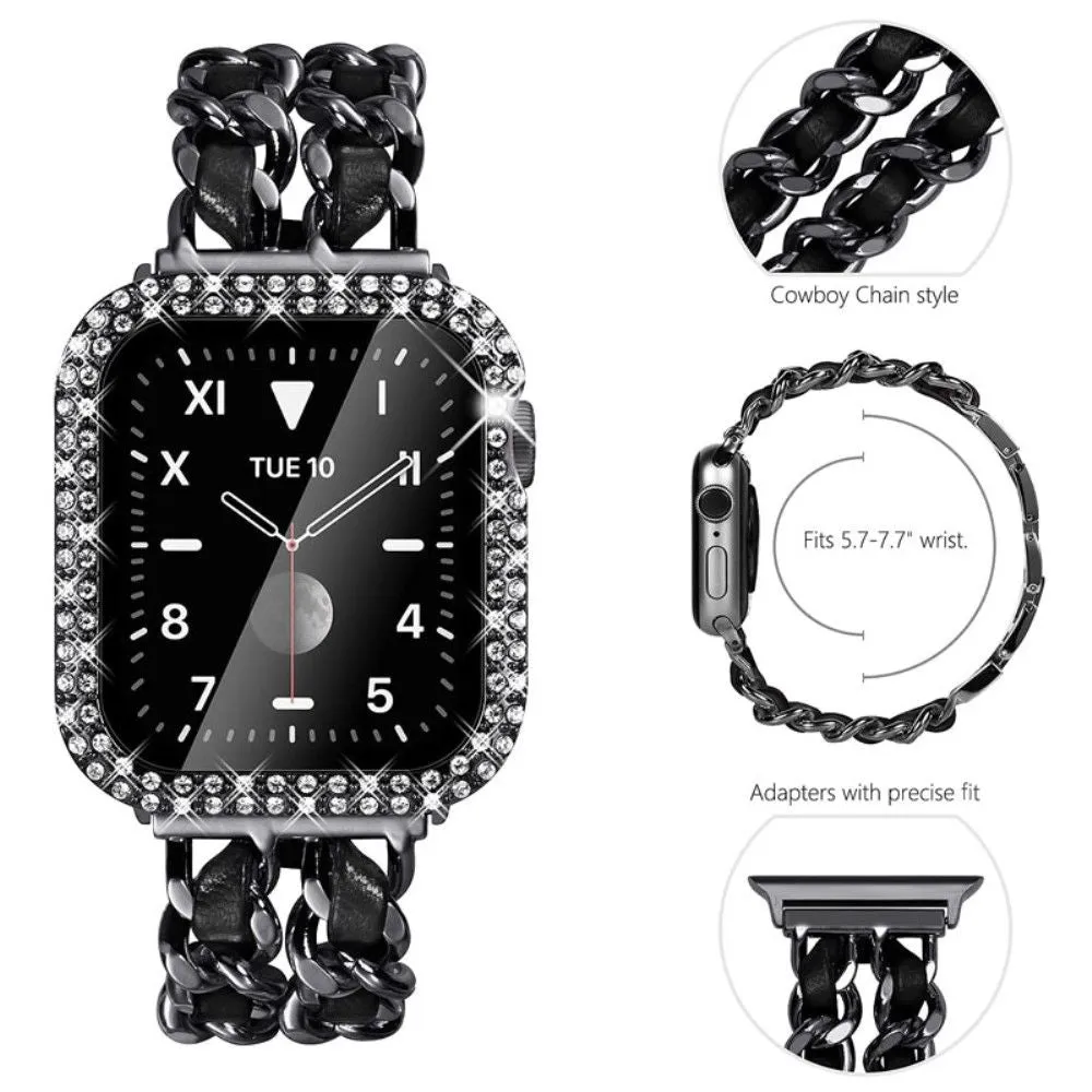 Apple Watch Series 3/2/1 42mm elegant stainless steel with rhinestone cover - Black / Black Leather