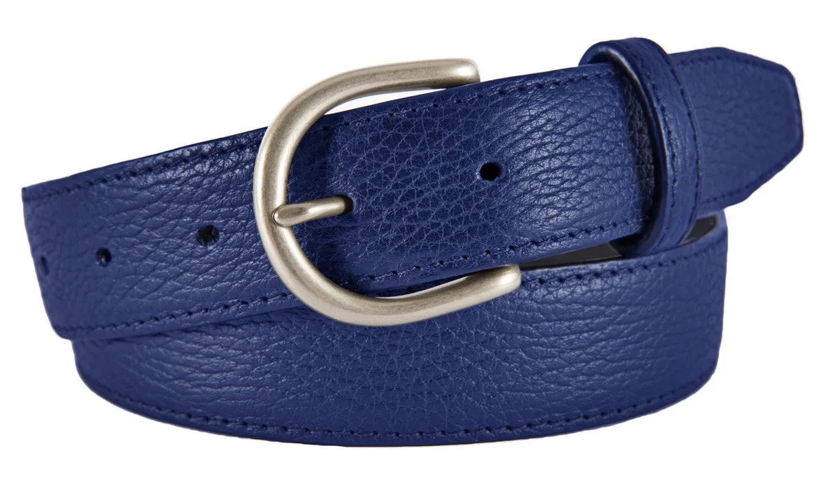 Cobalt Blue Pebbled Leather Belt, Soho Buckle (Brushed Silver)