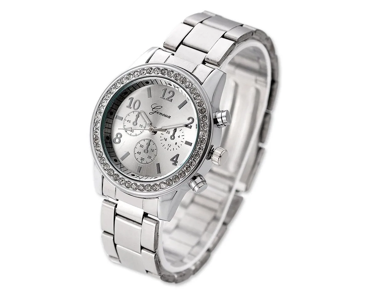 Geneva Women Classic Round CZ Quartz Alloy Band Watch