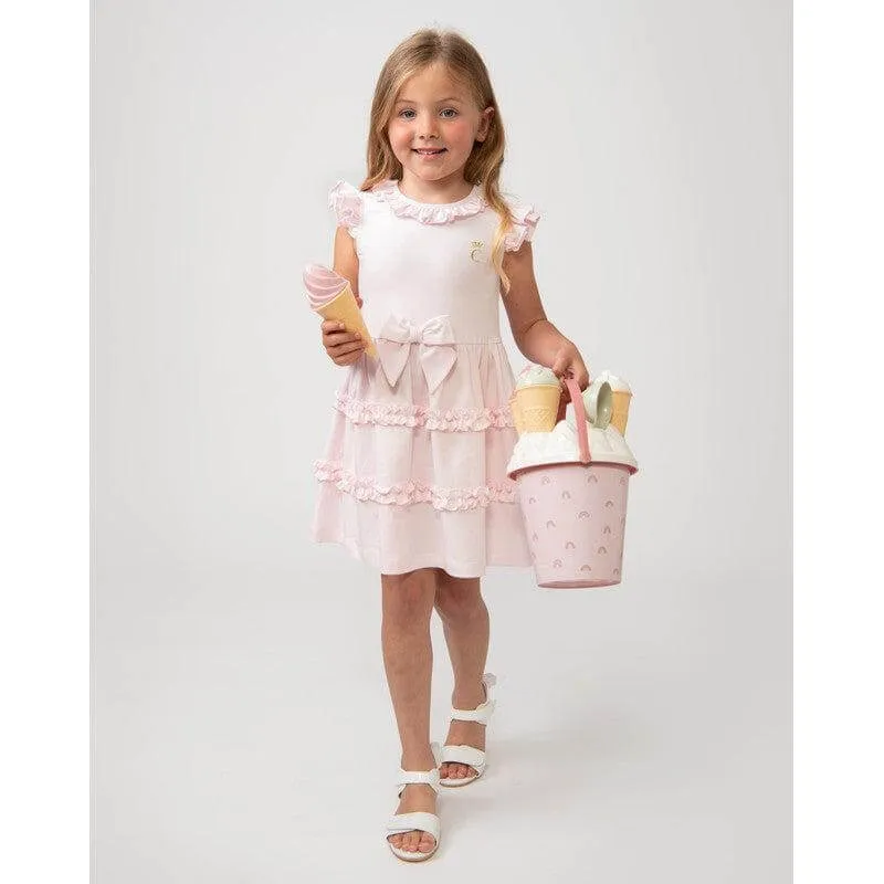 Girls Pink Tiered Frill Dress With Bow