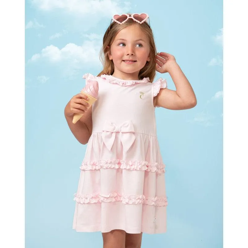 Girls Pink Tiered Frill Dress With Bow