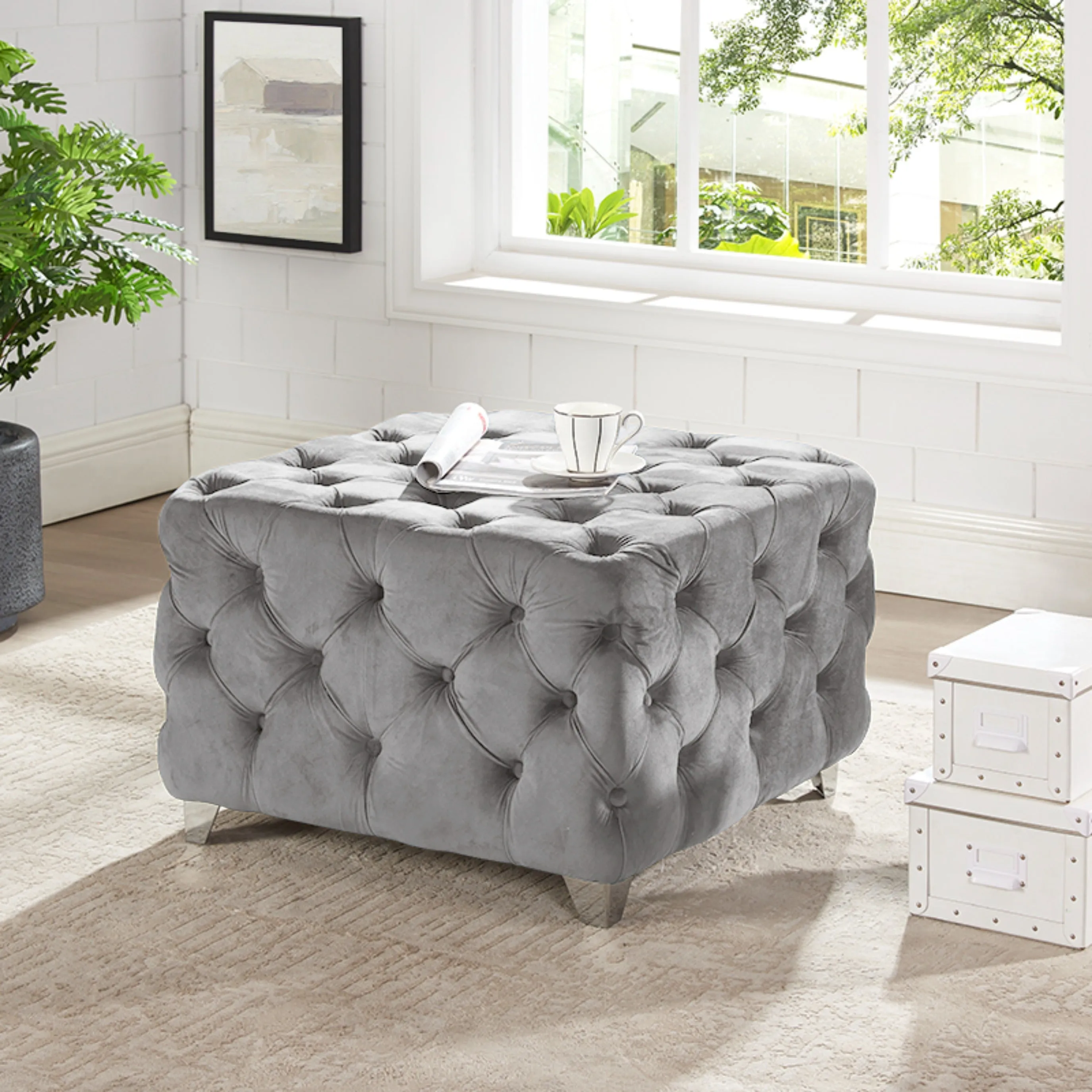 Grey Velvet All-Over Button-Tufted Cocktail Ottoman With  Metal Legs