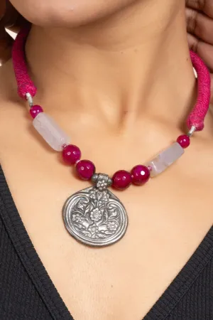 Handcrafted Silver Jewelry: 92.5 Pure Silver Floral Pendant Necklace with Pink Onyx & Purple Agate