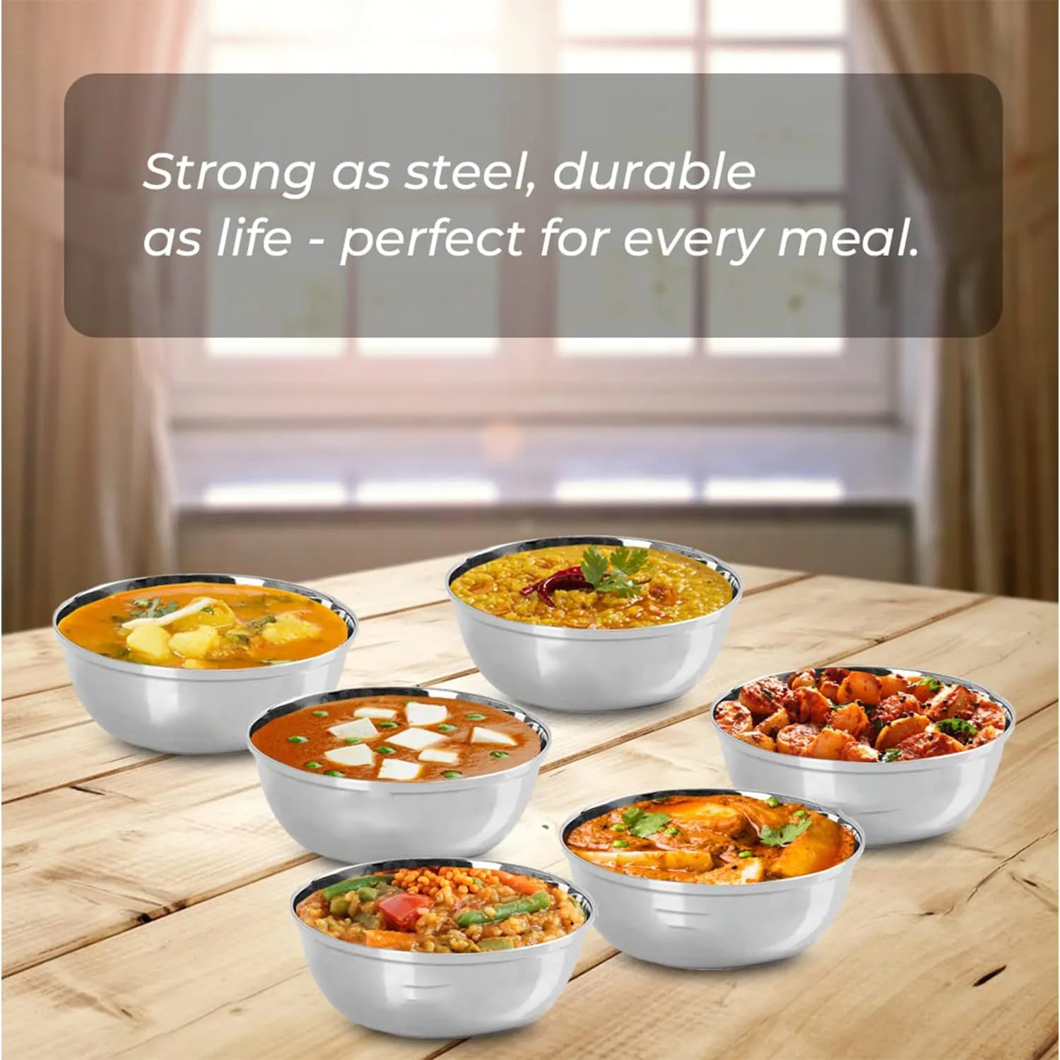 Kuber Industries Stainless Steel Bowl Kitchen Set | Durable & Wobble Free Base | Rust Proof, Easy to Clean & Store | Essential Indian Dinnerware & Crockery | Steel Bowl Set of 6 (Pack of 6)