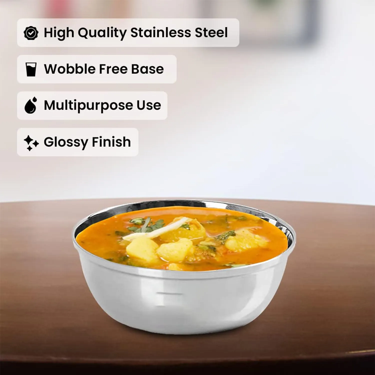 Kuber Industries Stainless Steel Bowl Kitchen Set | Durable & Wobble Free Base | Rust Proof, Easy to Clean & Store | Essential Indian Dinnerware & Crockery | Steel Bowl Set of 6 (Pack of 6)