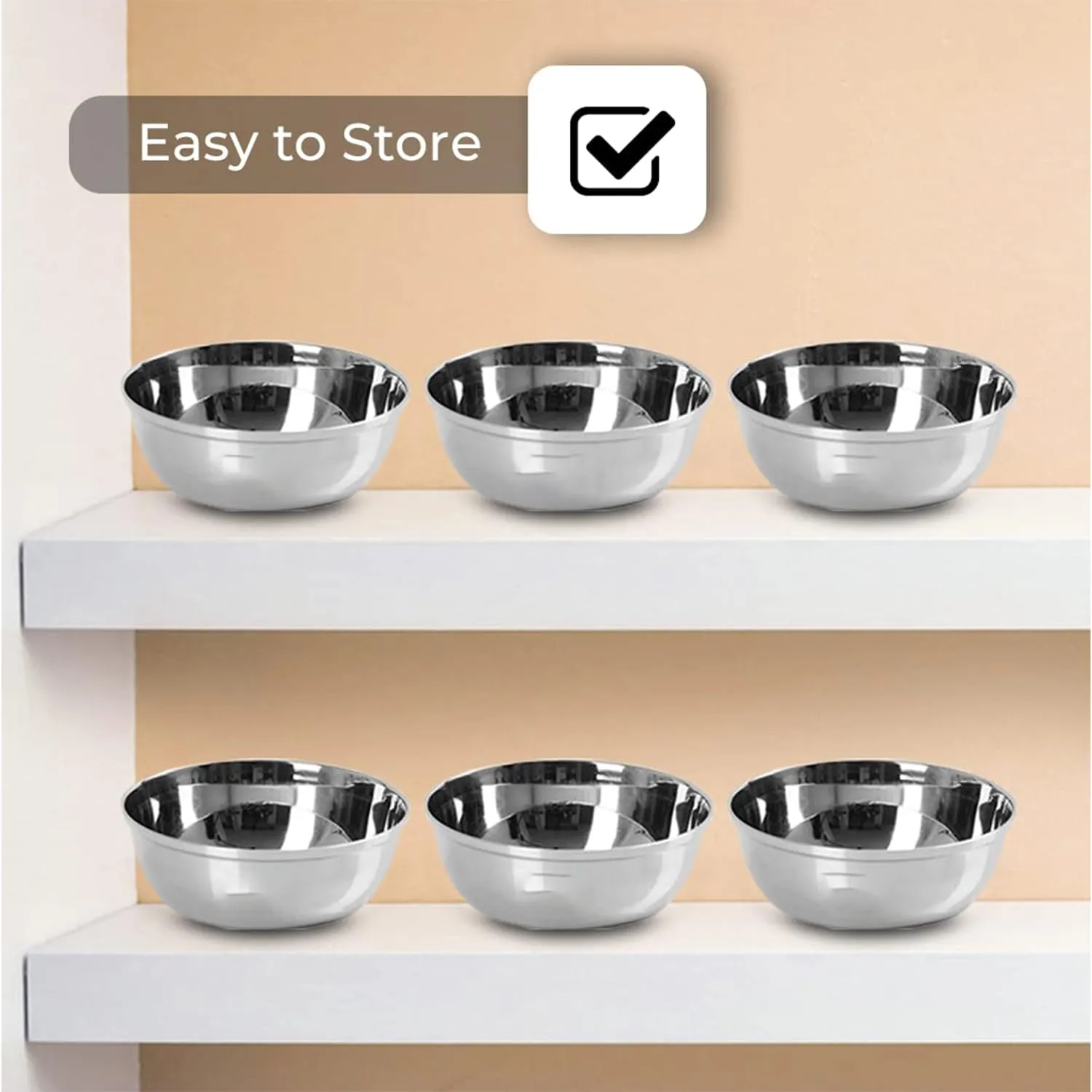 Kuber Industries Stainless Steel Bowl Kitchen Set | Durable & Wobble Free Base | Rust Proof, Easy to Clean & Store | Essential Indian Dinnerware & Crockery | Steel Bowl Set of 6 (Pack of 6)