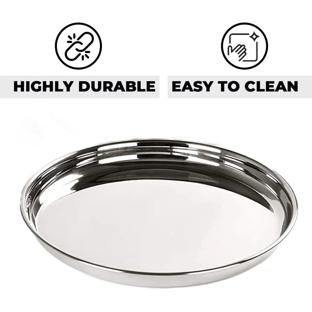 Kuber Industries Stainless Steel Dining Plate Set | Blunt Edges, Deep Base | Glossy Finish, Durable, Easy to Clean | Steel Plates for Lunch, Breakfast, Dinner | Set of 4 (Pack of 2)