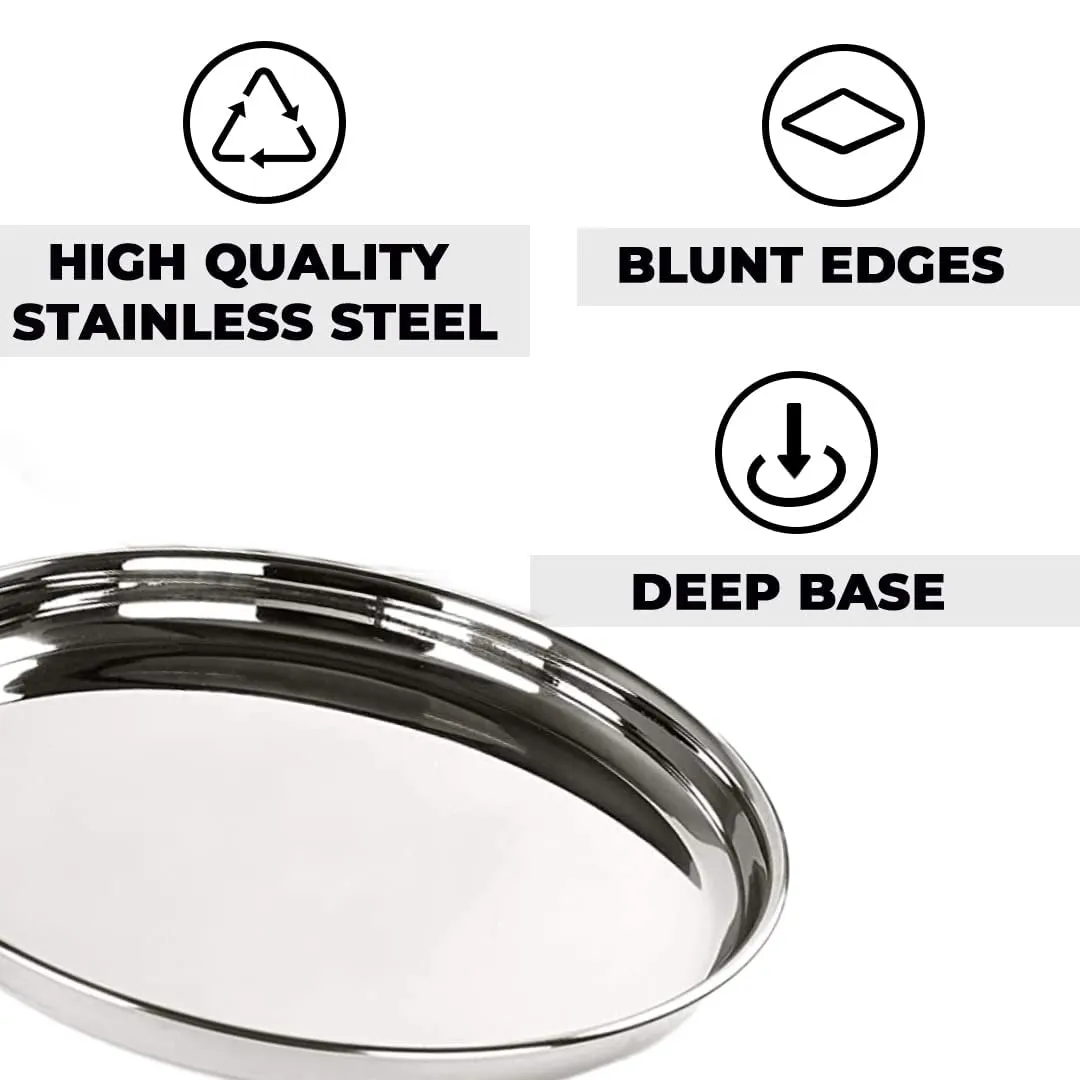 Kuber Industries Stainless Steel Dining Plate Set | Blunt Edges, Deep Base | Glossy Finish, Durable, Easy to Clean | Steel Plates for Lunch, Breakfast, Dinner | Set of 4 (Pack of 2)