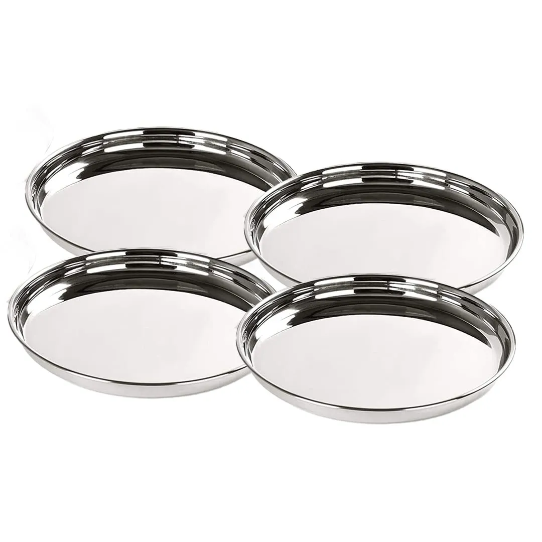 Kuber Industries Stainless Steel Dining Plate Set | Blunt Edges, Deep Base | Glossy Finish, Durable, Easy to Clean | Steel Plates for Lunch, Breakfast, Dinner | Set of 4 (Pack of 2)