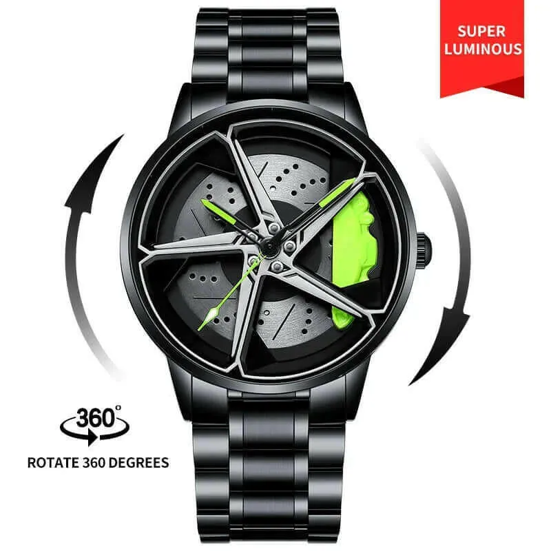 Men's Sports Car Wheel Hub Watch - Water Resistant, Rotating Rim Design