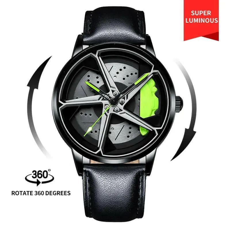 Men's Sports Car Wheel Hub Watch - Water Resistant, Rotating Rim Design