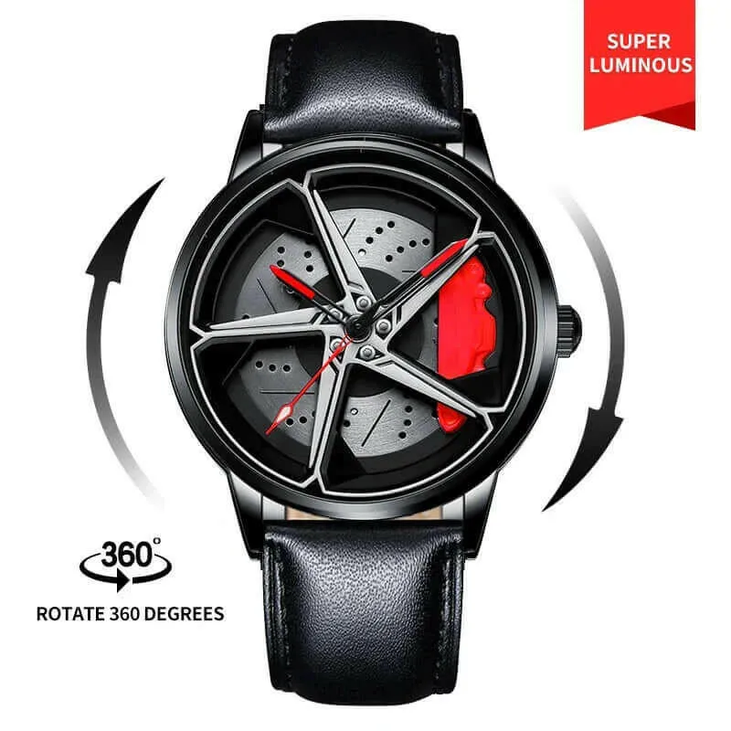 Men's Sports Car Wheel Hub Watch - Water Resistant, Rotating Rim Design