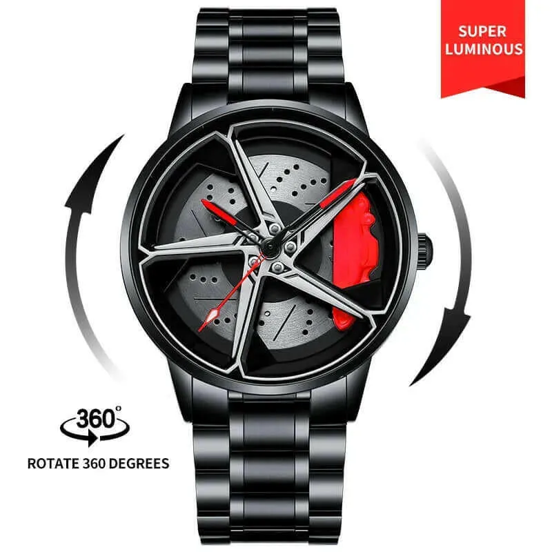 Men's Sports Car Wheel Hub Watch - Water Resistant, Rotating Rim Design