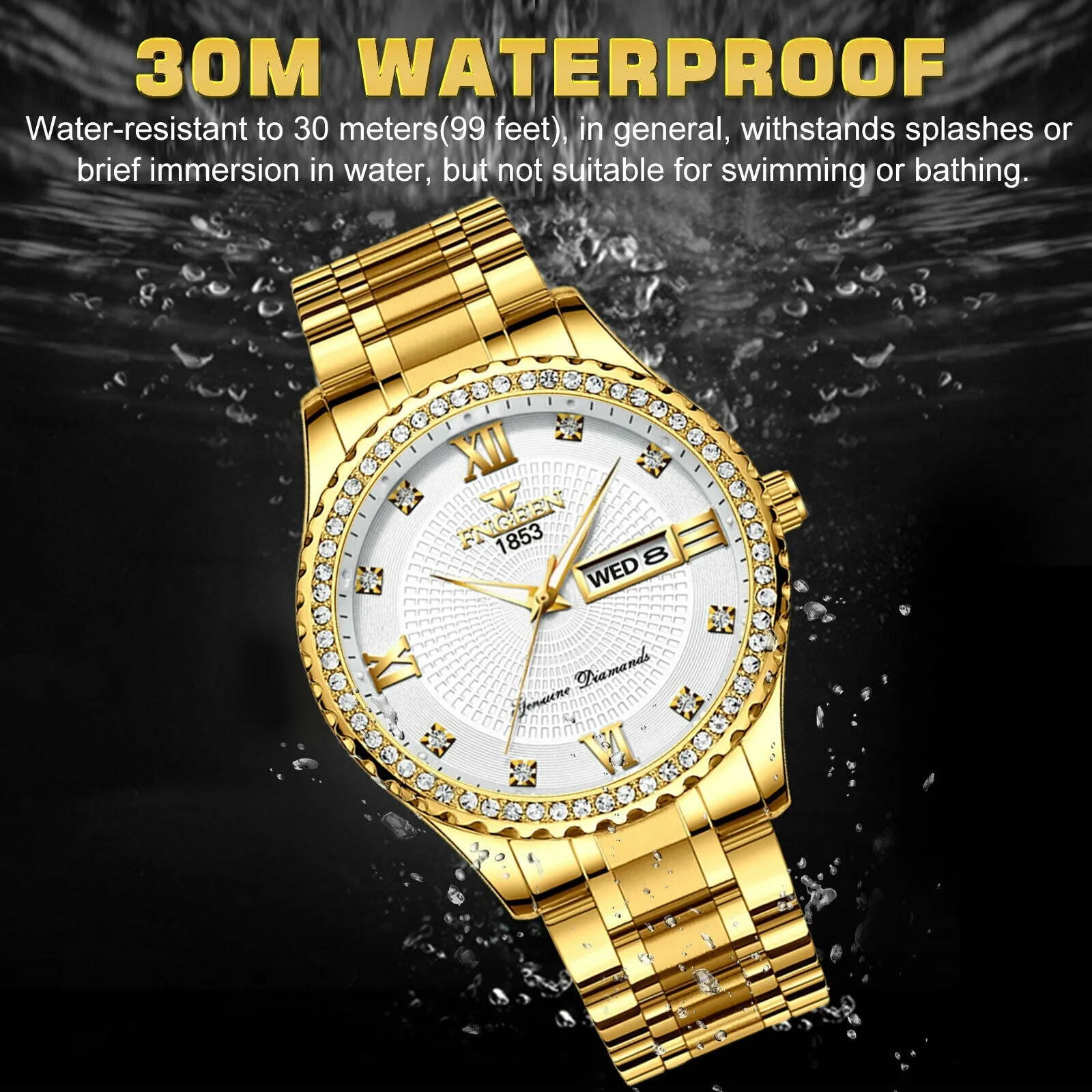 Men's Watch Gold Relojes De Hombre Classic Stainless Steel Quartz Diamond Watch