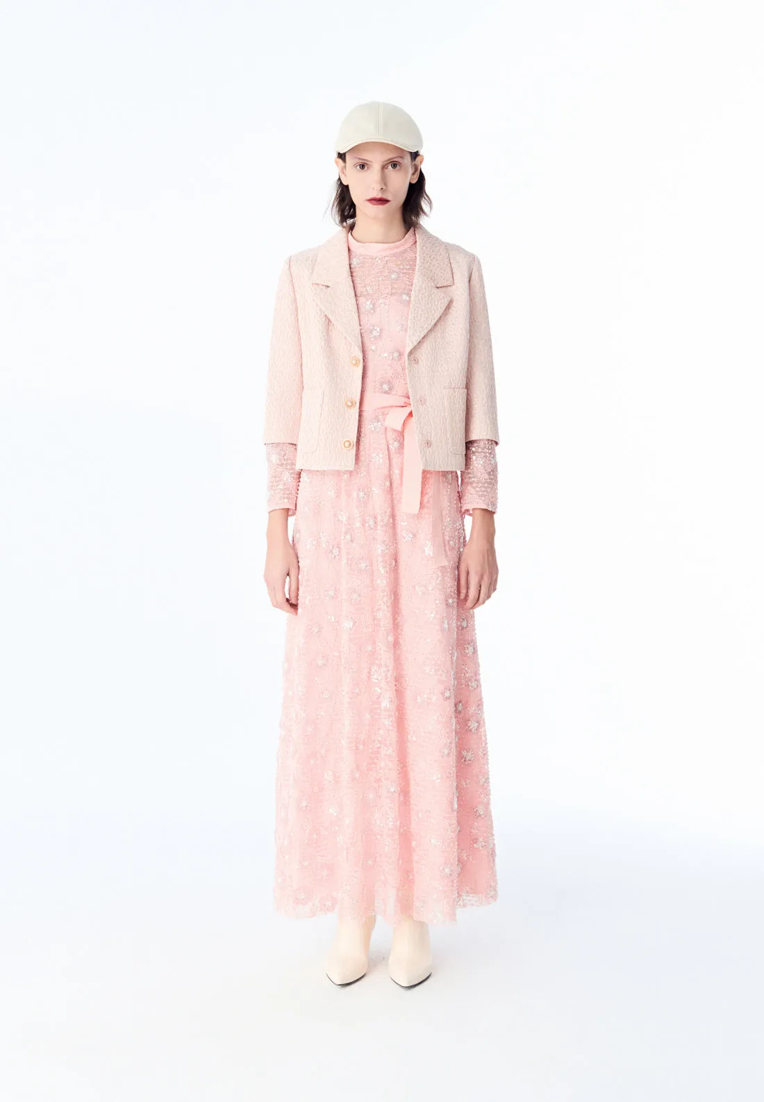 Pink Embroidered Lace Long-sleeved Dinner Dress