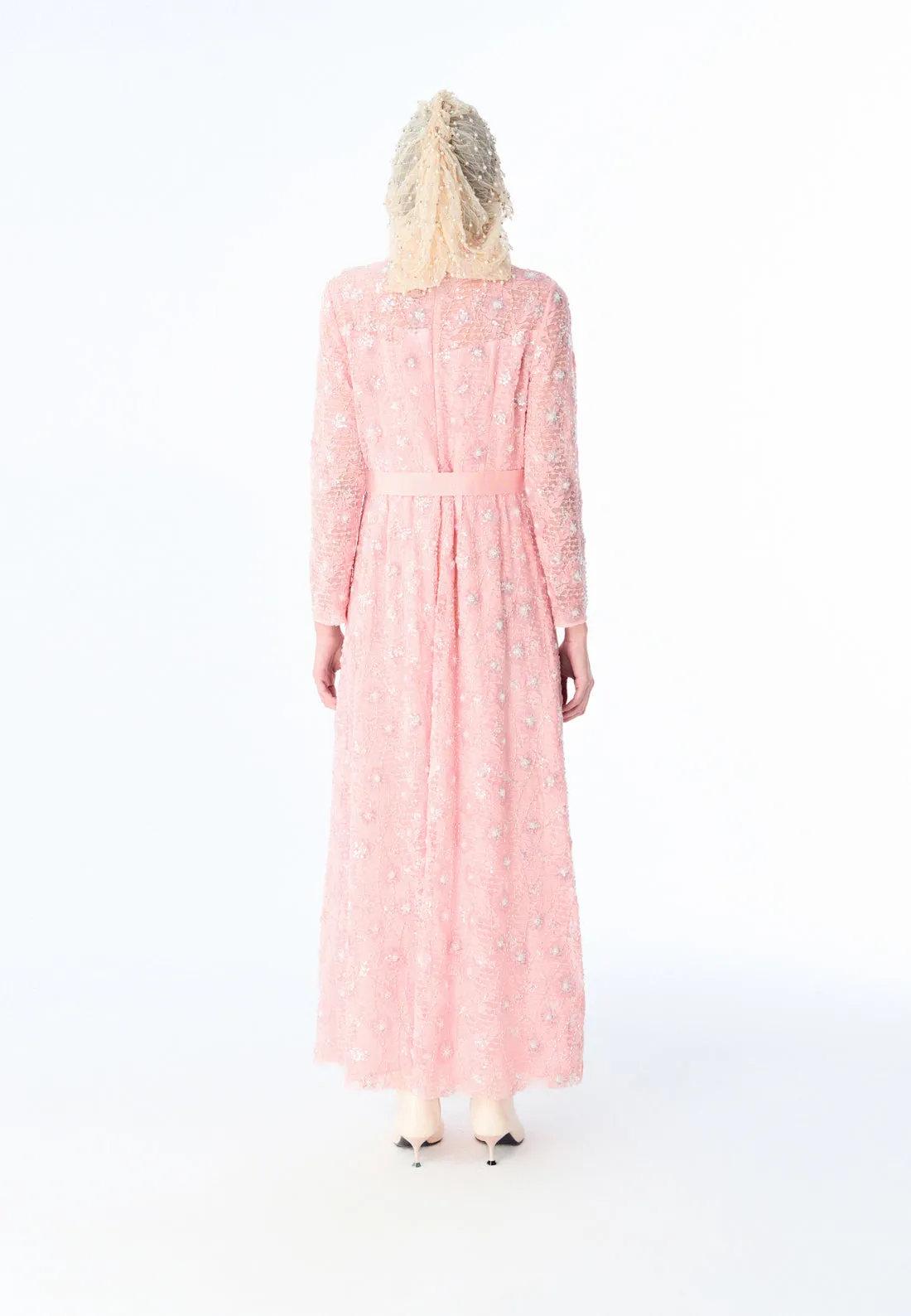 Pink Embroidered Lace Long-sleeved Dinner Dress