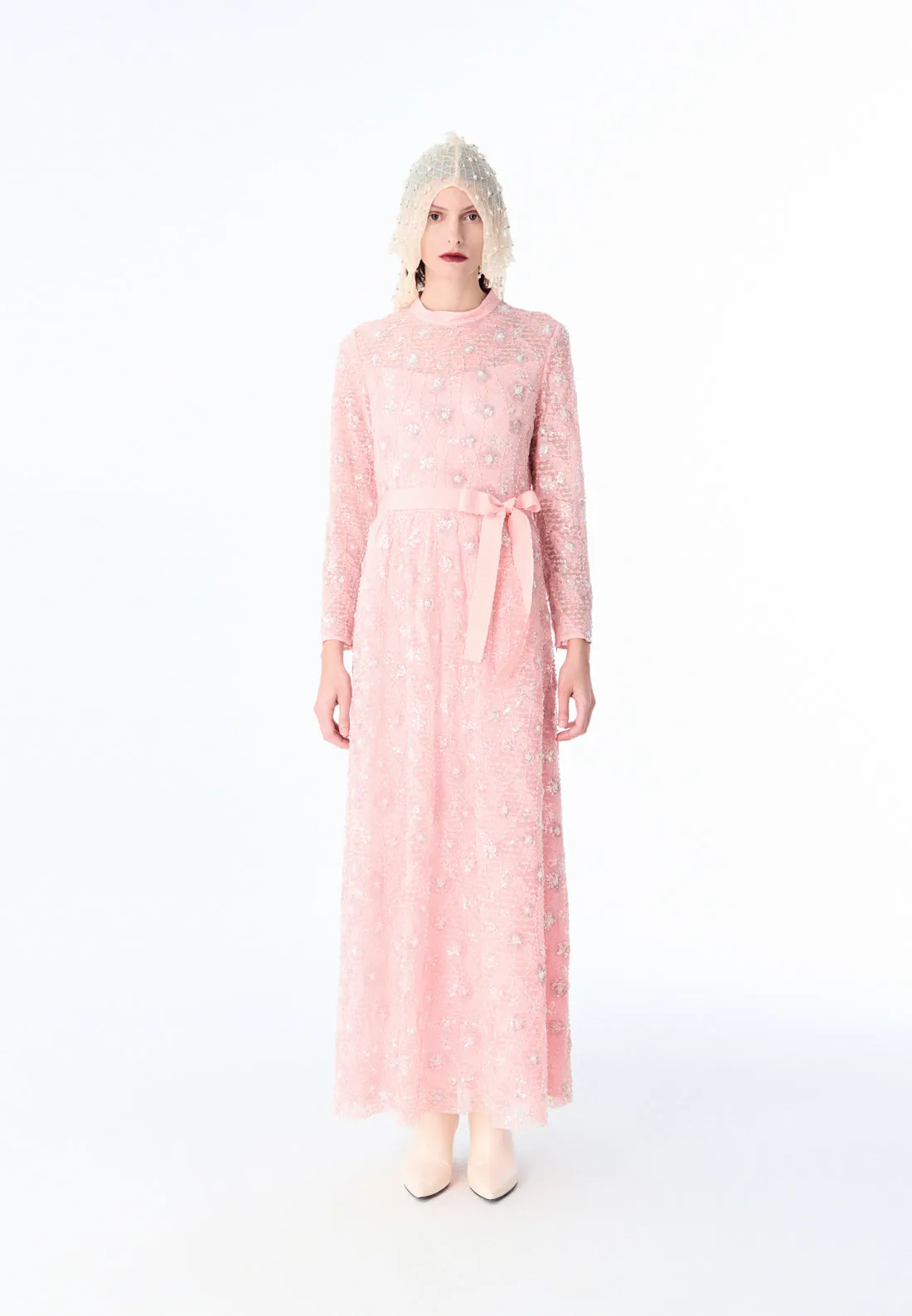 Pink Embroidered Lace Long-sleeved Dinner Dress