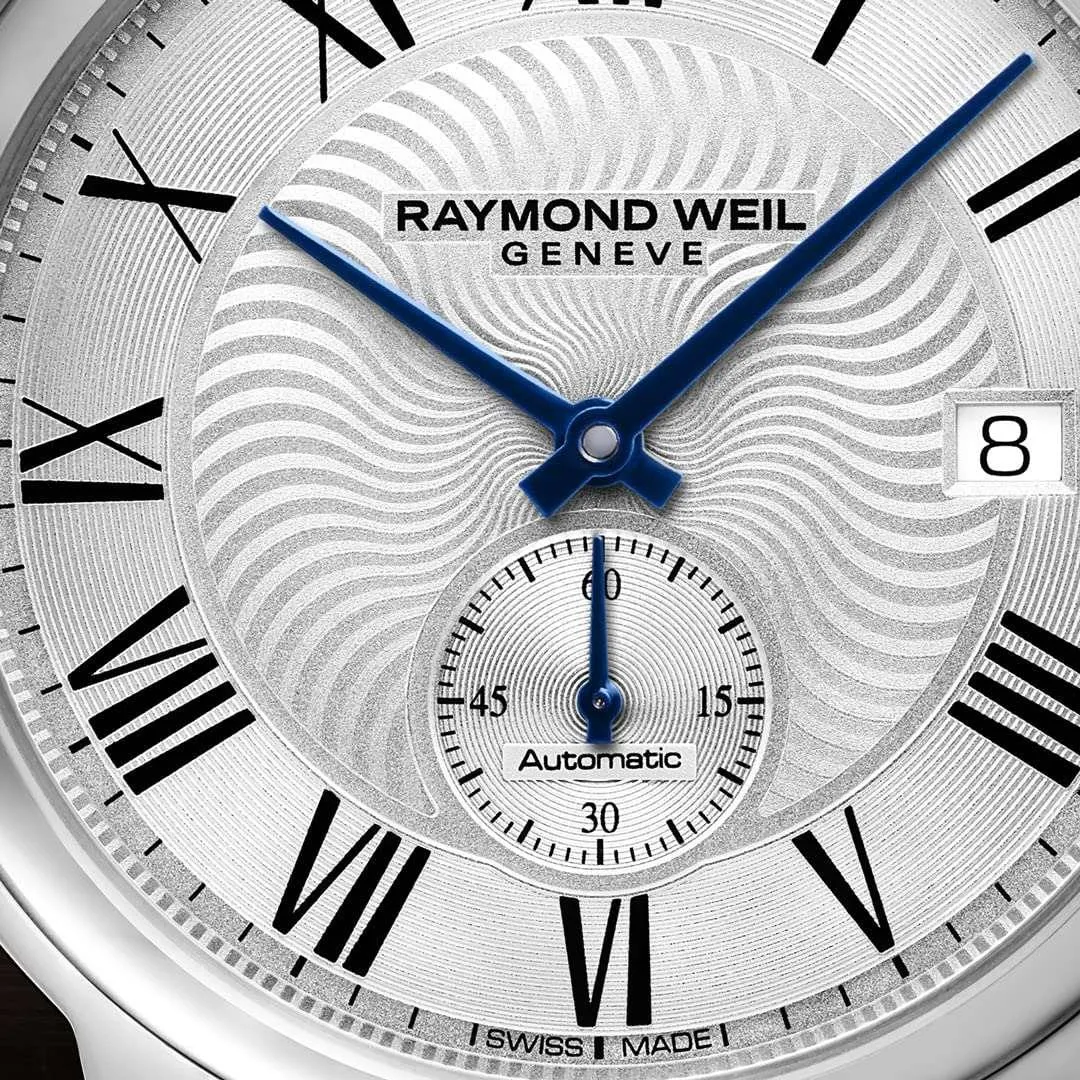 RAYMOND WEIL Men's Maestro Stainless Steel Swiss-Automatic Watch with Leather Calfskin Strap, Black, 20 (Model: 2238-STC-00659)