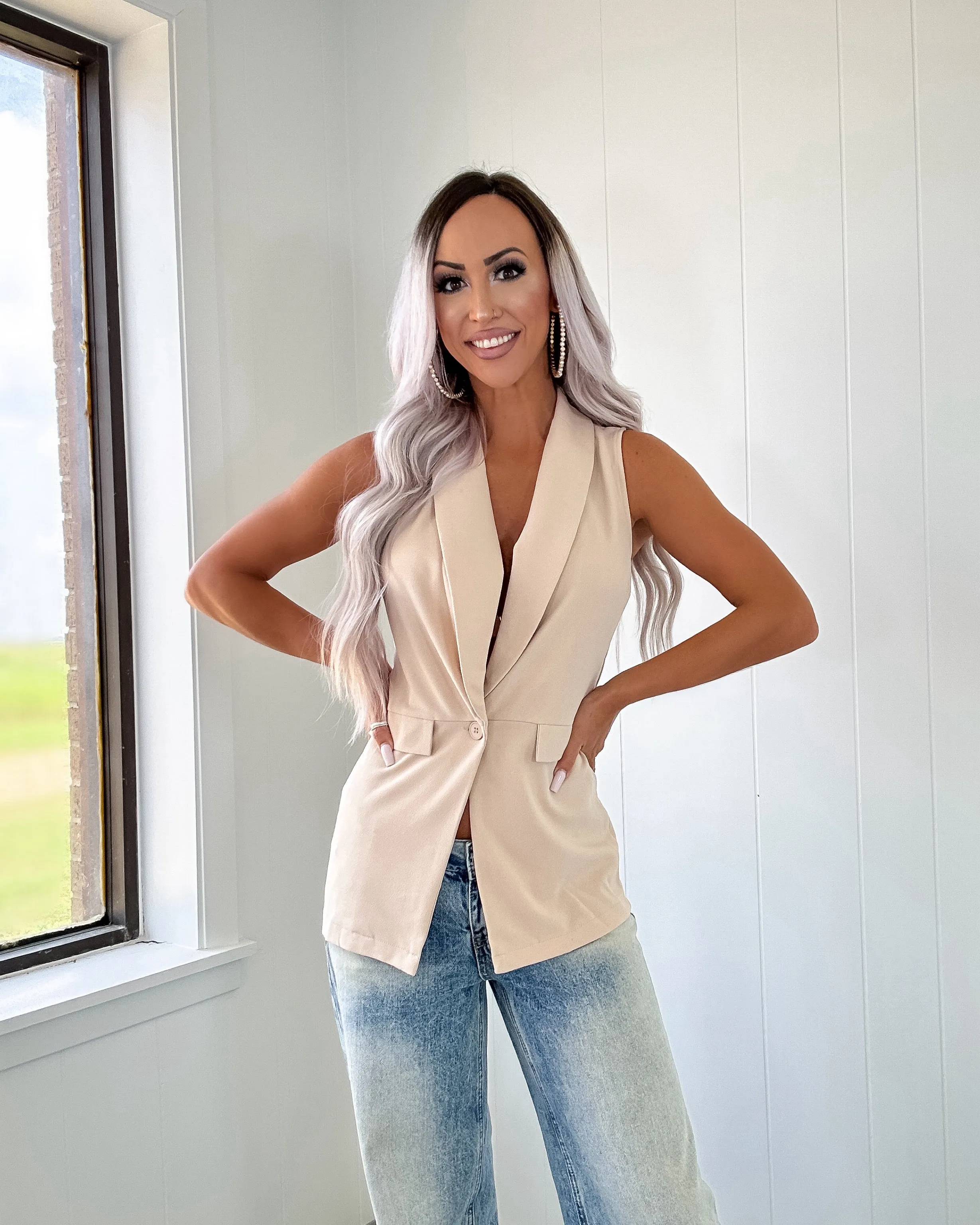 Spontaneous Success Sleeveless Blazer Top - Light Taupe