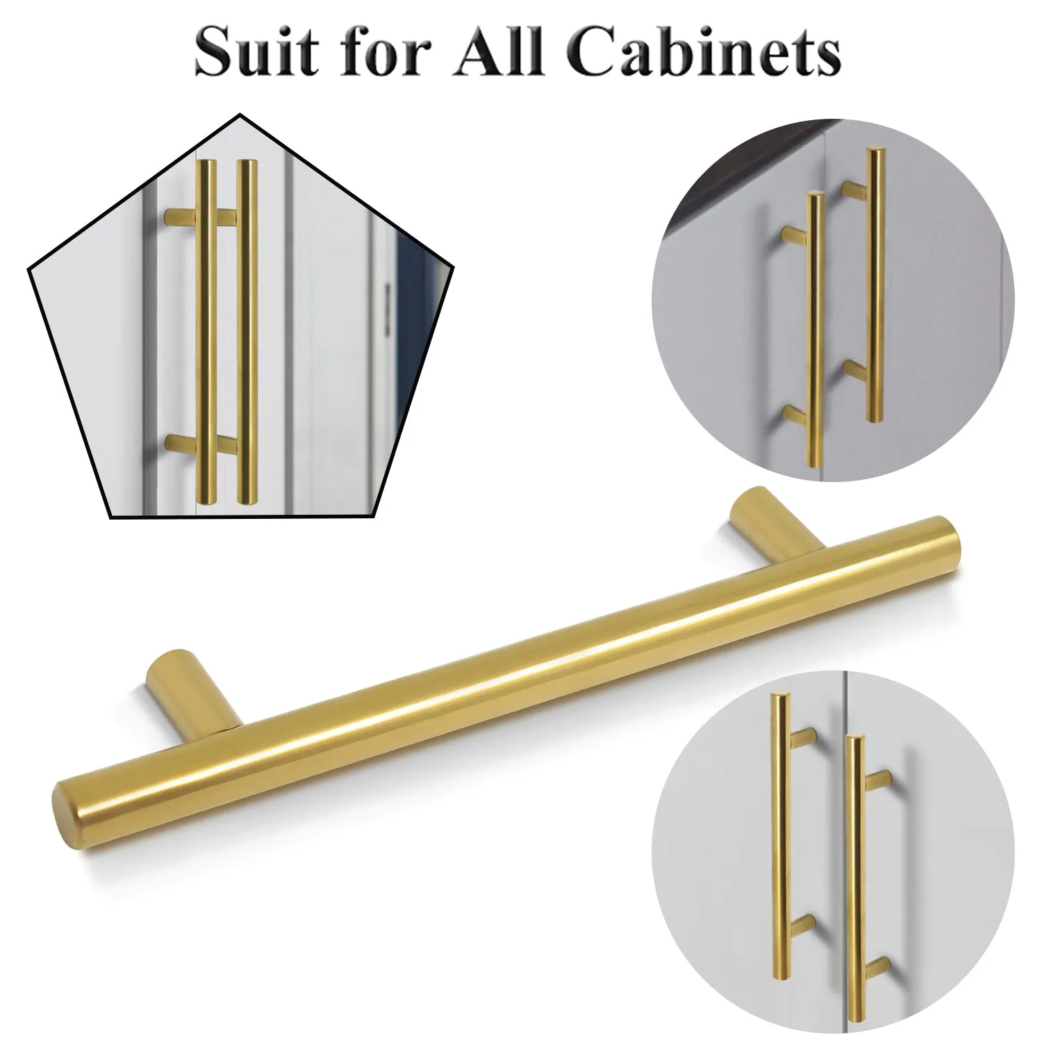 Stainless Steel T Bar Cabinet Handles Gold Finish, 128mm 5inch Hole Centers