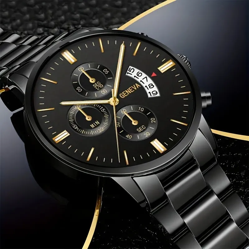 Stylish Stainless Steel Quartz Watch  Bracelet Set for Men