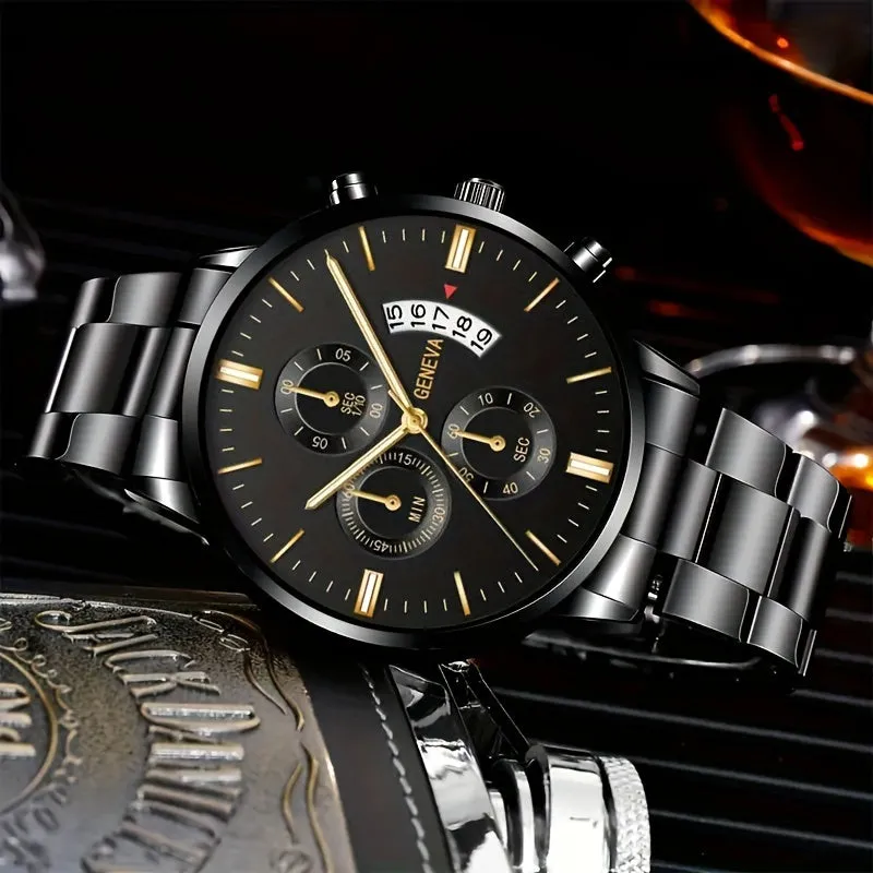 Stylish Stainless Steel Quartz Watch  Bracelet Set for Men