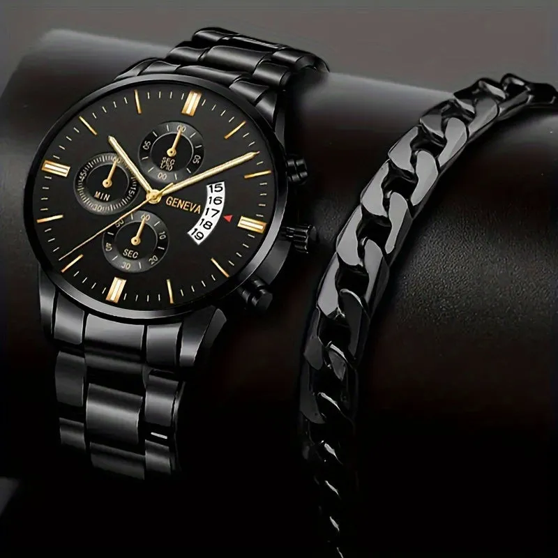 Stylish Stainless Steel Quartz Watch  Bracelet Set for Men