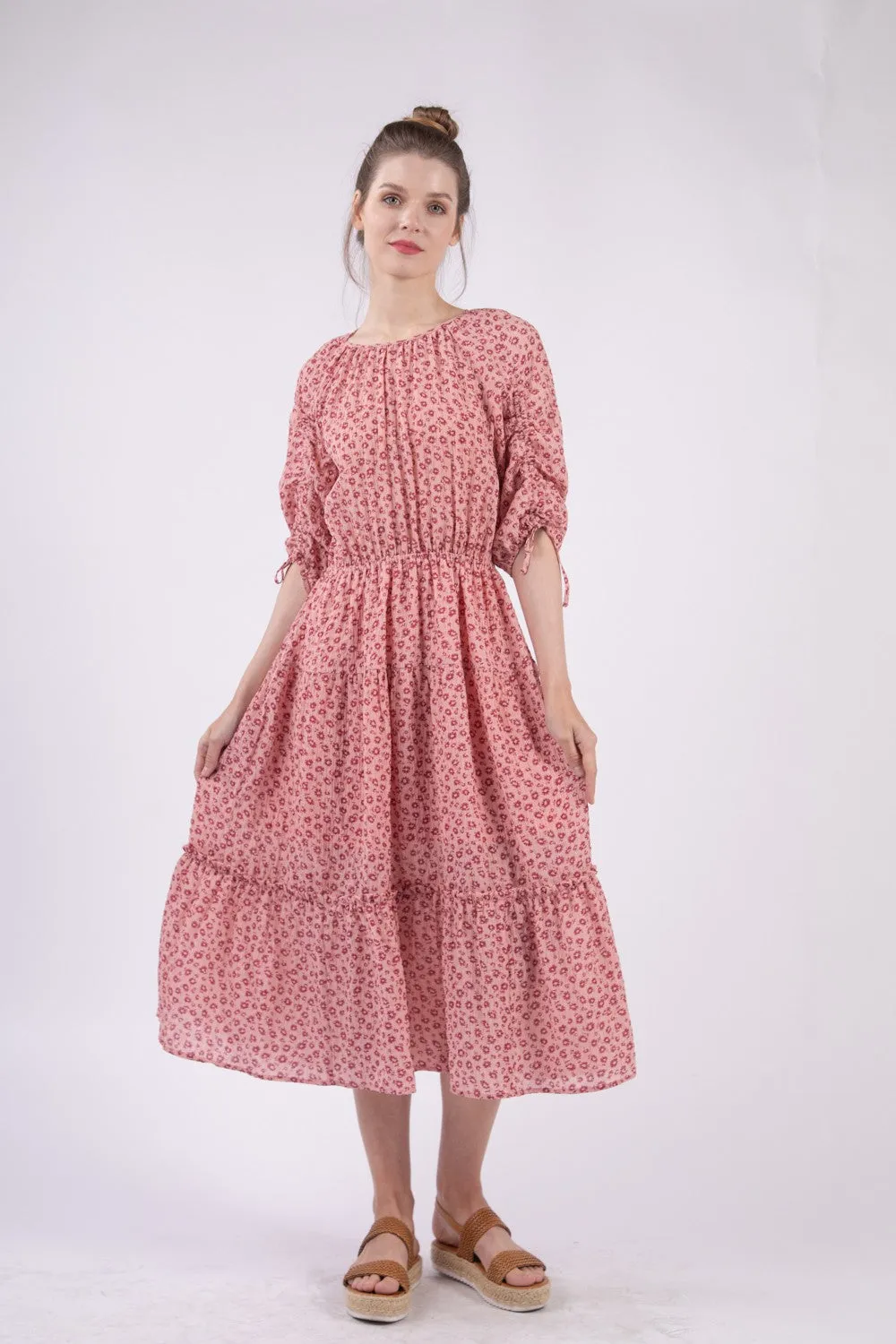 VERY J Floral Round Neck Tiered Midi Dress