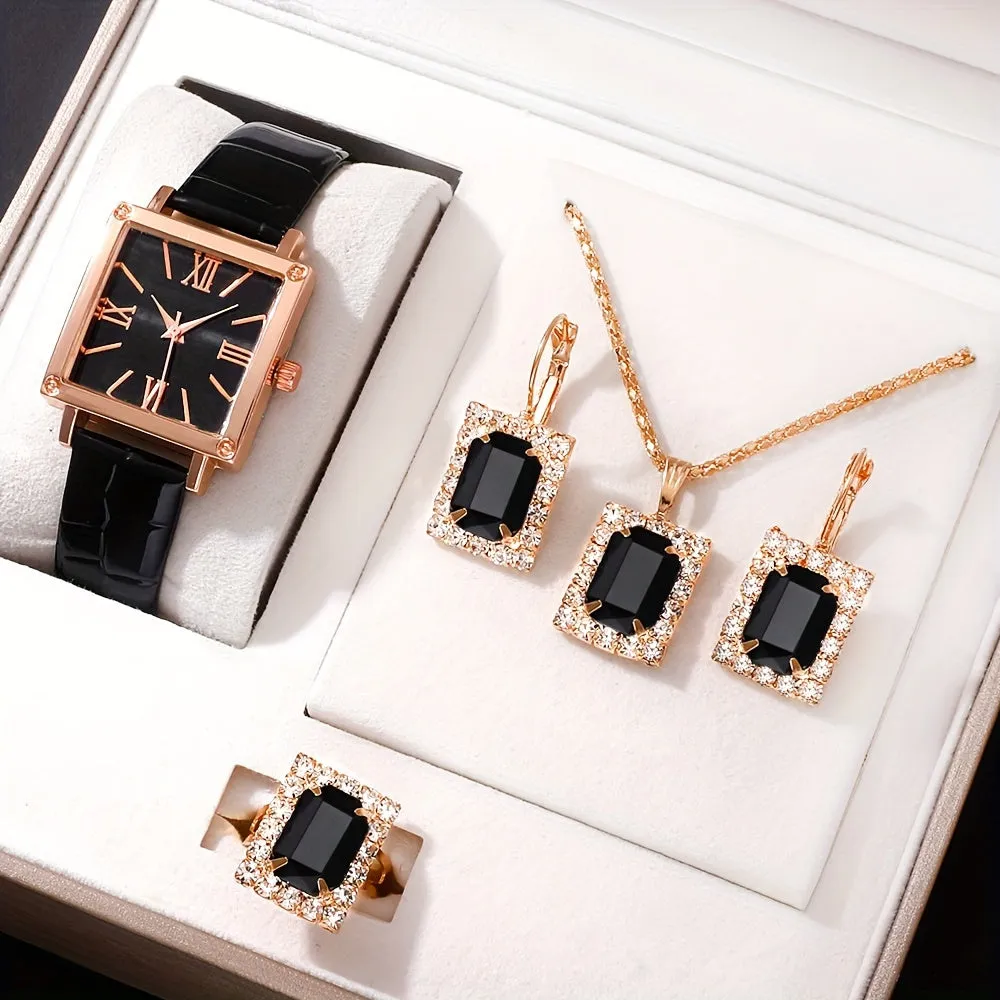 Vintage Square Quartz Watch  Rhinestone Jewelry Set  Perfect Gift for Her