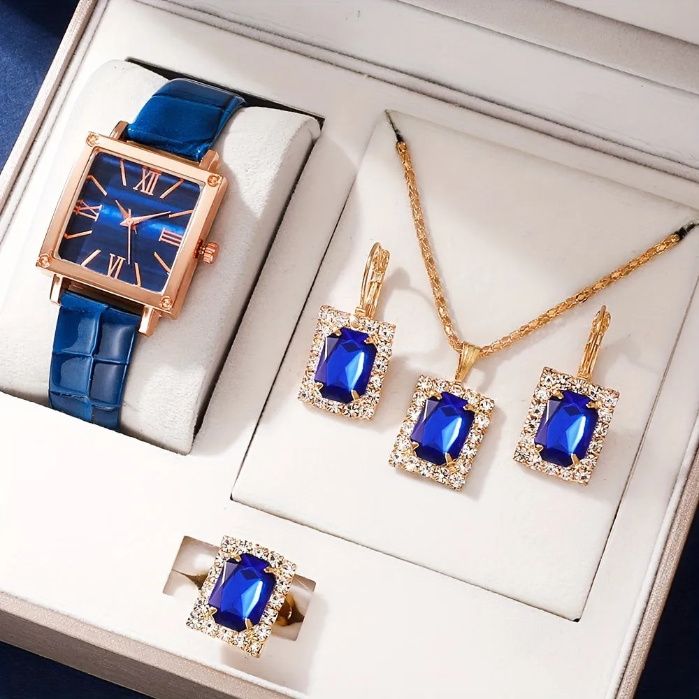 Vintage Square Quartz Watch  Rhinestone Jewelry Set  Perfect Gift for Her