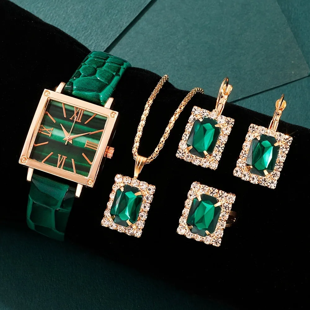 Vintage Square Quartz Watch  Rhinestone Jewelry Set  Perfect Gift for Her