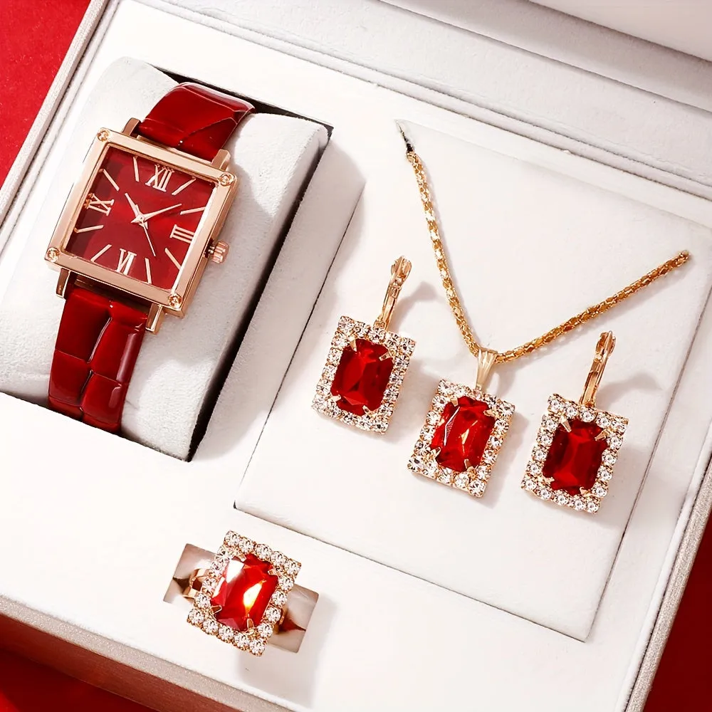 Vintage Square Quartz Watch  Rhinestone Jewelry Set  Perfect Gift for Her