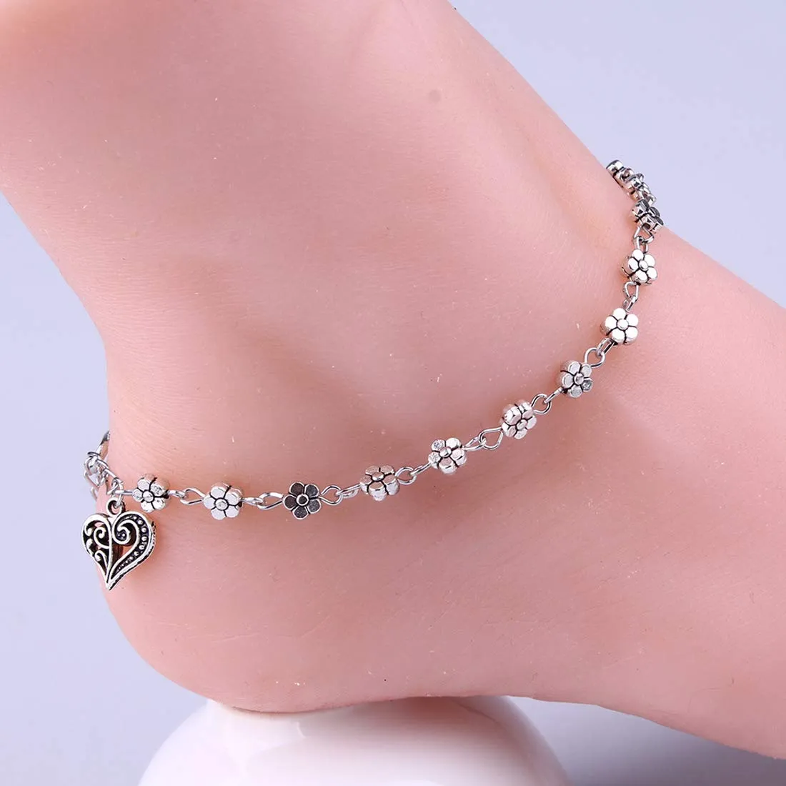 Yellow Chimes Oxidised Silver Anklets for Women Fashion Oxidized Silver Floral Single Anklet for Girls and Women