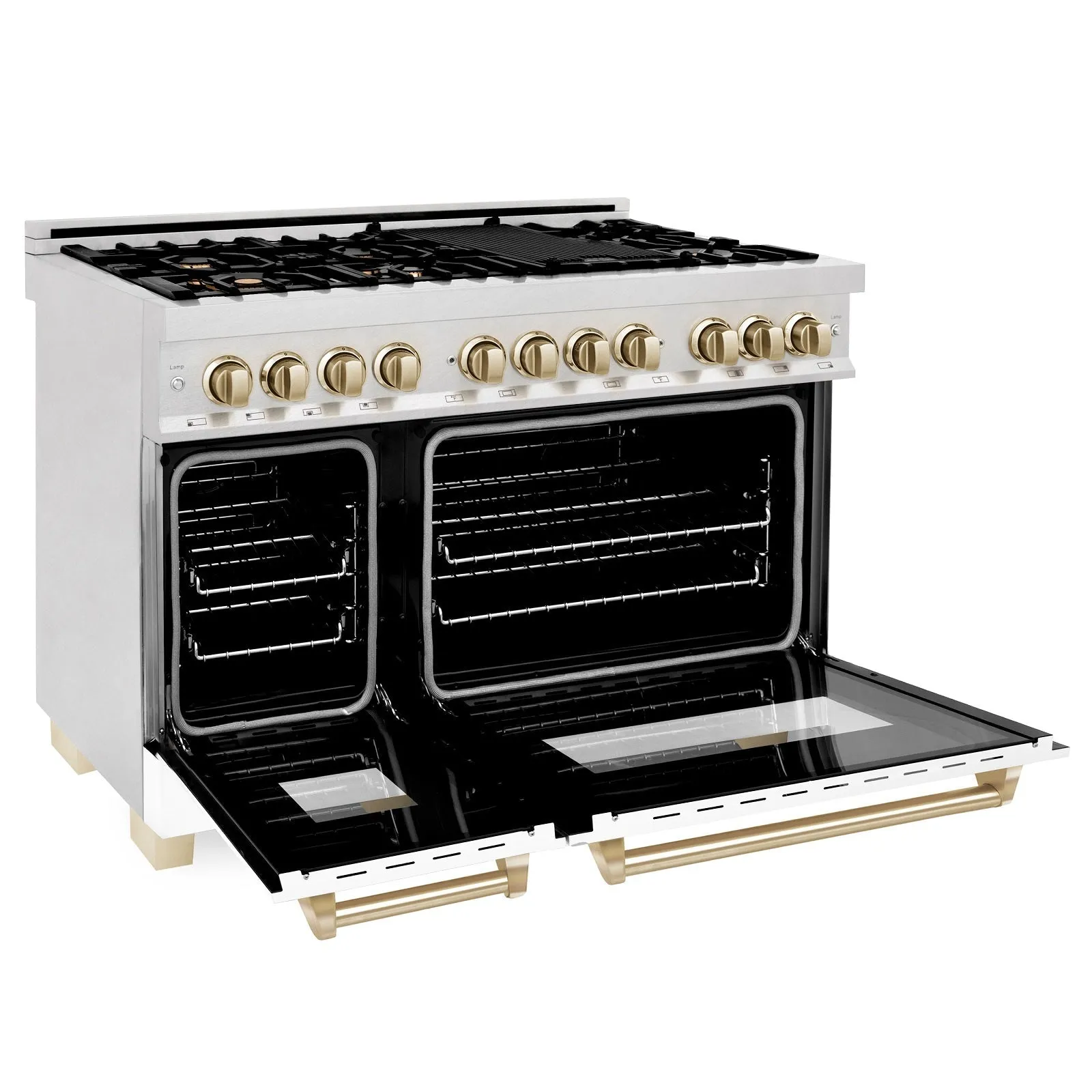 ZLINE Autograph Edition 48" 6.0 cu. ft. Dual Fuel Range in DuraSnow® Stainless Steel with White Matte Door and Champagne Bronze Accents (RASZ-WM-48-CB)