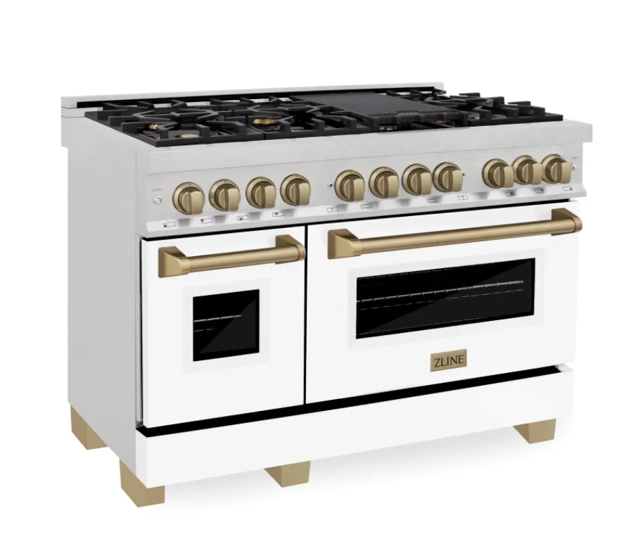 ZLINE Autograph Edition 48" 6.0 cu. ft. Dual Fuel Range in DuraSnow® Stainless Steel with White Matte Door and Champagne Bronze Accents (RASZ-WM-48-CB)