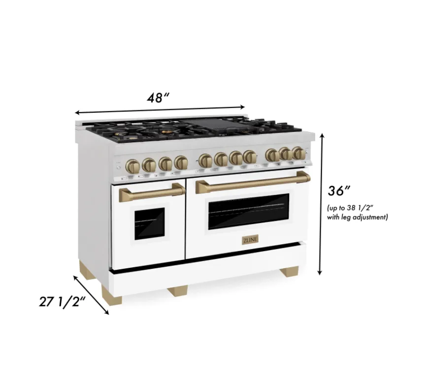 ZLINE Autograph Edition 48" 6.0 cu. ft. Dual Fuel Range in DuraSnow® Stainless Steel with White Matte Door and Champagne Bronze Accents (RASZ-WM-48-CB)